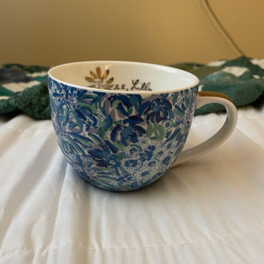 Lilly Pulitzer ‘Lion Around’ Coffee Cup Ceramic Mug Gold Handle Blue Gold